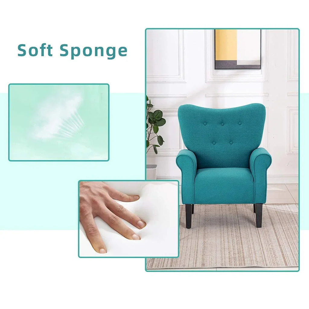 Fauteuil d’appoint moderne Erommy à dossier haut, fauteuil une place en tissu rembourré avec boutons et pieds en bois, pour salon