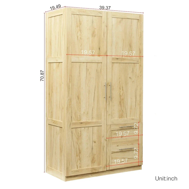Armoire de rangement en bois blanc avec portes, tiroirs et tringle de penderie