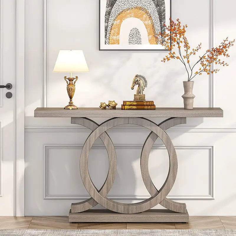 Vintage consoletafel met geometrisch onderstel, houten haltafel