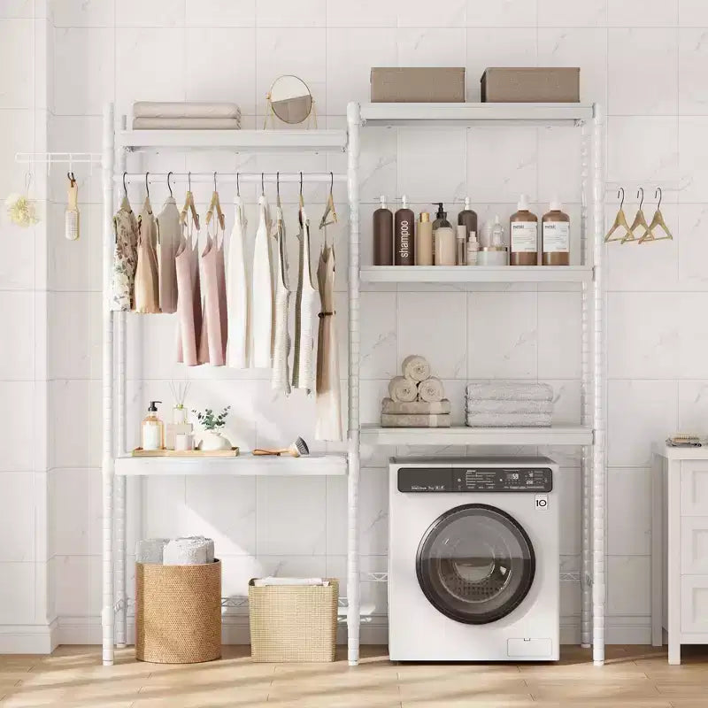 Rek boven de wasmachine, droogrek met 5 niveaus en verstelbare hoogte, badkamerrek, ruimtebesparende opbergruimte voor de badkamer en wasruimte