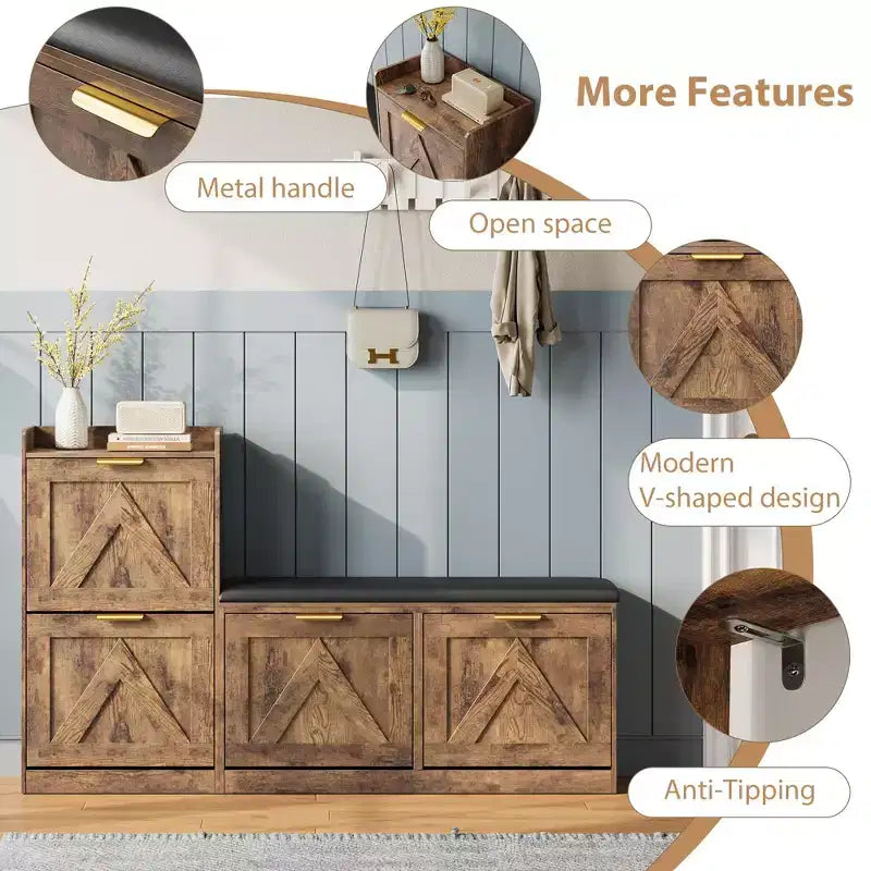 Meuble à chaussures style farmhouse avec banc, 4 tiroirs basculants pour l’entrée, organisateur de rangement avec assise rembourrée confortable, banc porte-chaussures autoportant