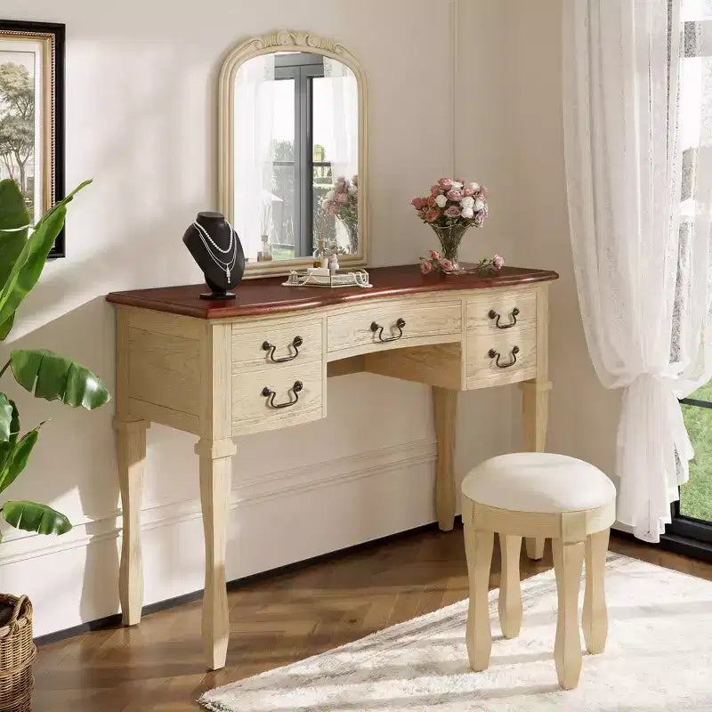 Vintage kaptafelset, vintage make-uptafel, kaptafel van 46 inch met gebogen spiegel met bloemen, 5 opbergladen
