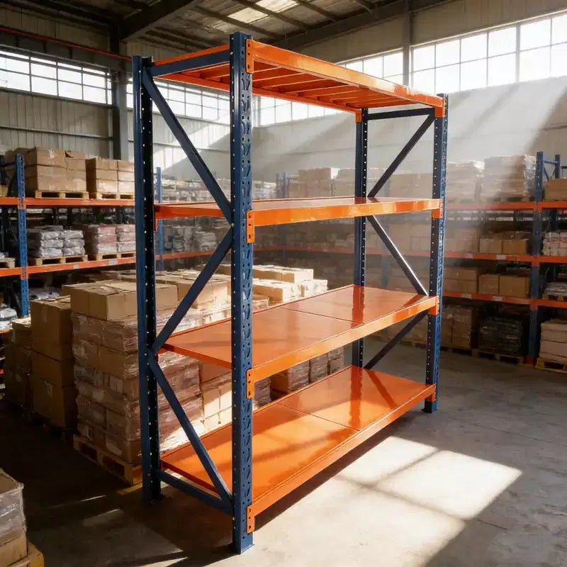 VIYET extra stevige garageschappen, verstelbare metalen stellingkast met 4 niveaus en een draagvermogen van 4400LBS, blauwe en oranje industriële opslag voor winkels, gereedschap en sportscholen