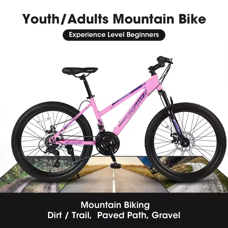 Okak mountainbike van 24/26IN met 21 versnellingen en dubbele schijfremmen, kinderfiets met 100mm voorvering, crossfiets voor tieners en vrouwen
