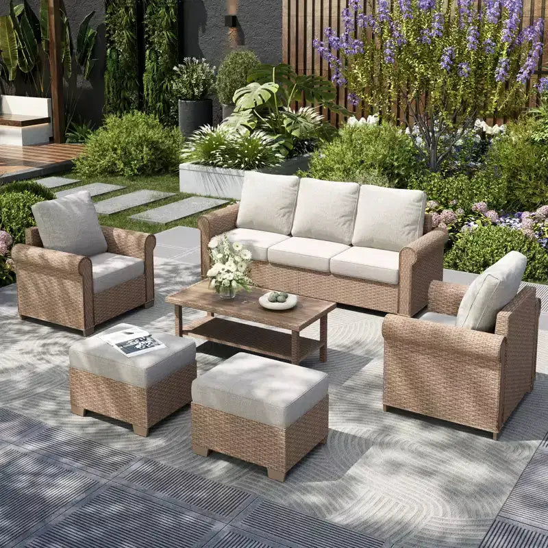 Ensemble de salon de jardin en résine tressée de luxe Captiva Designs, 6 pièces, avec accoudoirs incurvés et coussins