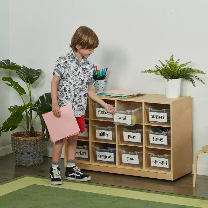 Meuble mobile à casiers avec plateau et 15 bacs à façade incurvée, 3x4, mobilier pour enfants