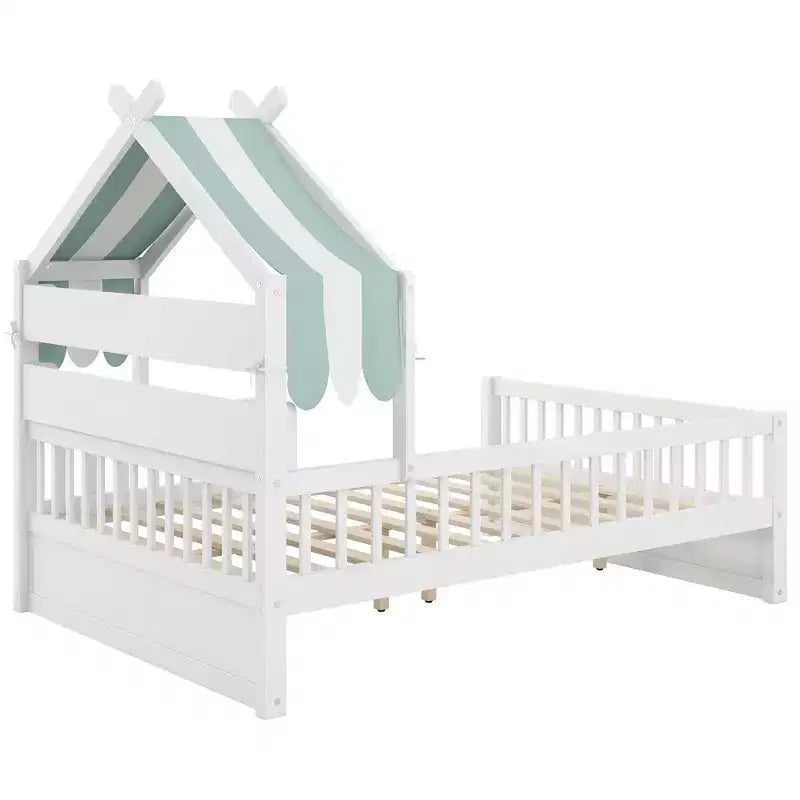 Lit cabane en bois ModernLuxe pour lit simple ou double avec tête de lit de rangement, cadre de lit pour enfant en pin massif avec barrières de sécurité