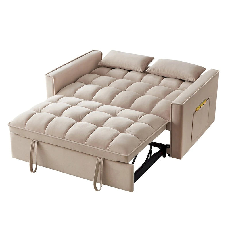 4-in-1-Zweisitzer-Schlafsofa mit Armlehnen und Aufbewahrungstaschen, multifunktionales, getuftetes Ausziehsofa mit verstellbarer Rückenlehne