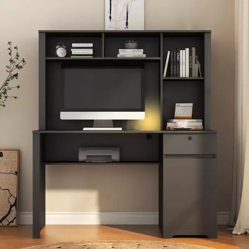 Moderne computerbureau van 51.18IN met opzetkast en boekenplank, bureau met veel opbergruimte, schrijftafel voor studeerkamer en leesruimte
