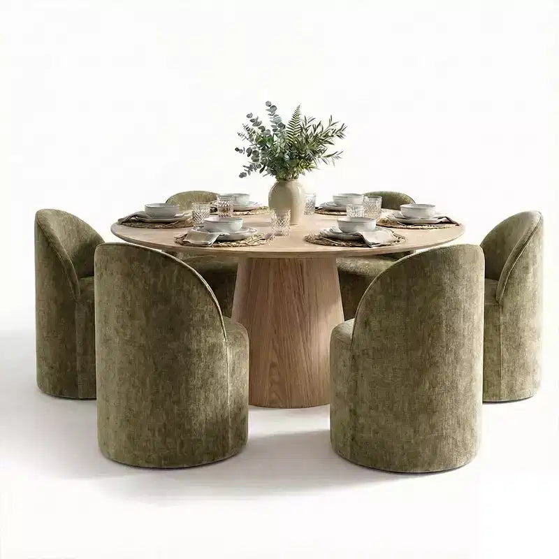 Ensemble de salle à manger moderne pour 6 personnes, table ronde à piètement central, fauteuils pivotants en forme de tonneau à roulettes, chenille texturée - Panipeachy