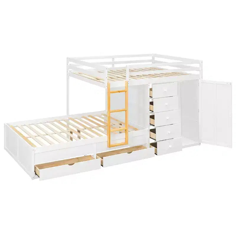 Stapelbed met twee tweepersoonsbedden, opbergkast en laden, houten stapelbed in tweepersoonsformaat met ruimtebesparend ontwerp en veiligheidsreling voor appartement en slaapkamer