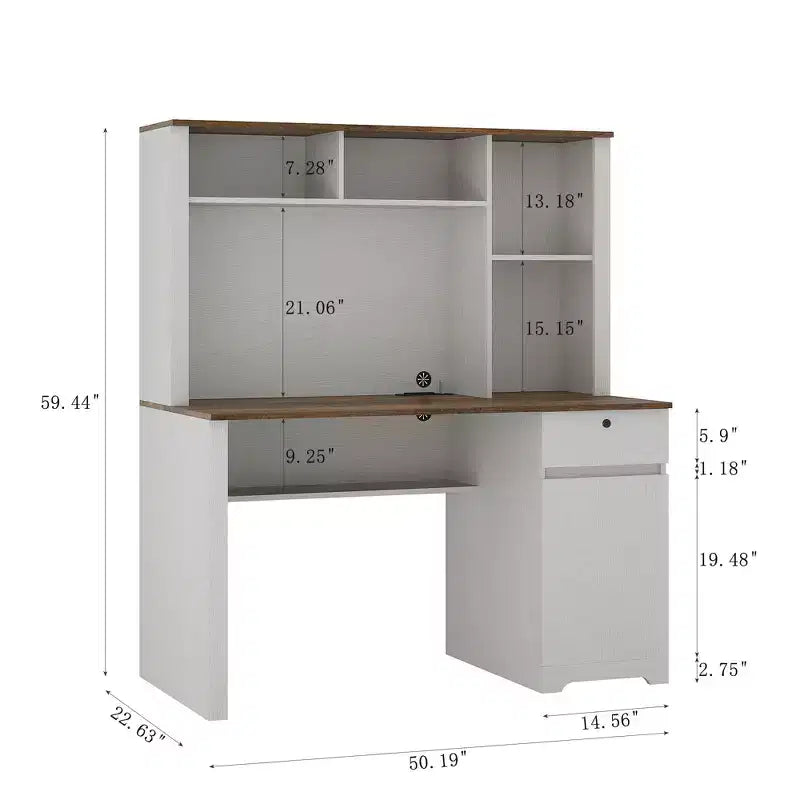 Moderne computerbureau van 51.18IN met opzetkast en boekenplank, bureau met veel opbergruimte, schrijftafel voor studeerkamer en leesruimte