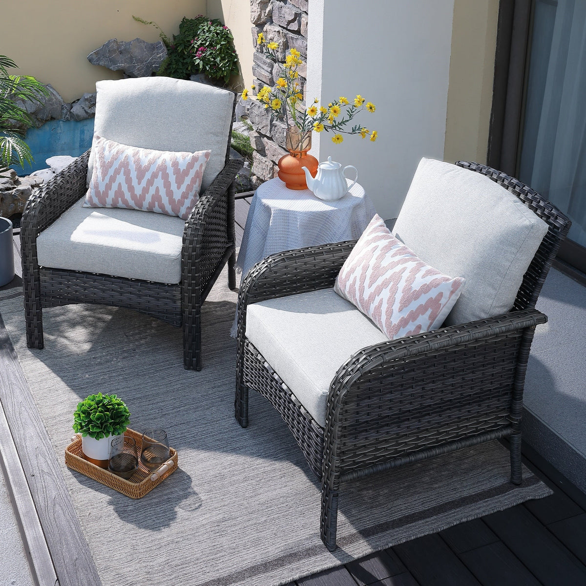 HOOOWOOO 2-teiliges Gartenmöbel-Set aus Korbgeflecht und Rattan