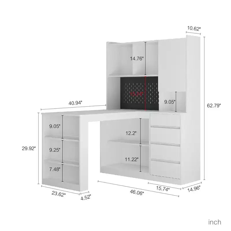 Bureau d’angle en L de 46 pouces avec bibliothèque et tiroirs