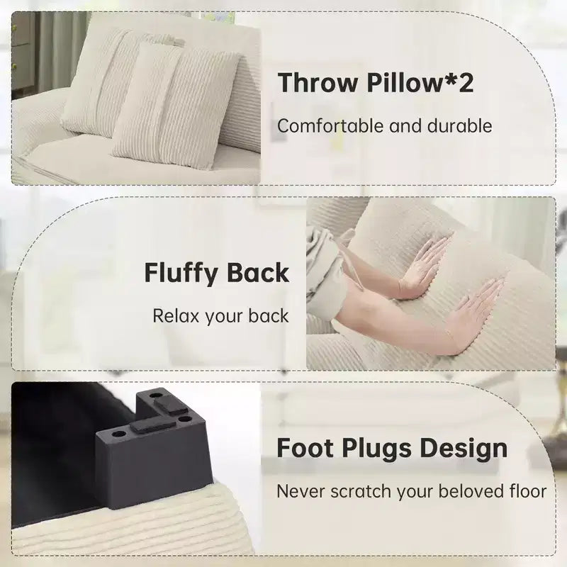 Beiges 87-Zoll-Cordsofa mit 2 Kissen, tiefes Sofa in Segelbootform für Wohnzimmer, kleine Räume, Büro oder Wohnung - Morden Fort
