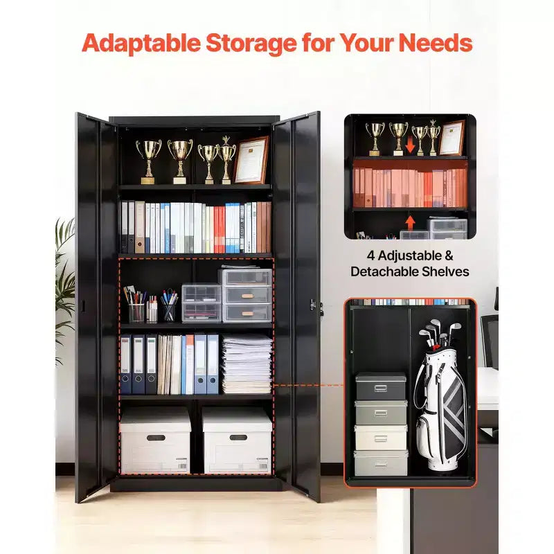 Armoire de rangement métallique VEVOR, armoire de garage verrouillable en acier de 68.9 in avec 4 étagères réglables, 2 portes magnétiques, 2 clés, 5 niveaux de rangement pour outils, noire