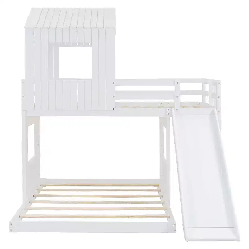 Lit superposé en bois Luxystar, couchage supérieur 1 place et inférieur 2 places, avec maisonnette, toboggan et barrières de sécurité