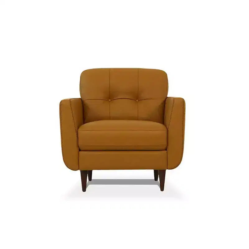 Poltrona con Bottoni Trapuntati, Ecopelle Color Cammello, Gambe in Legno, 94 cm L x 89 cm P x 91 cm H