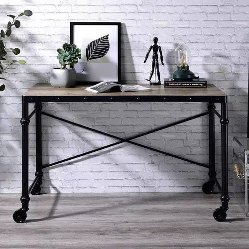 Scrivania industriale da 119 cm, finitura rovere rustico e nero, telaio in metallo, senza vani portaoggetti, 119 cm P x 58 cm L x 76 cm H