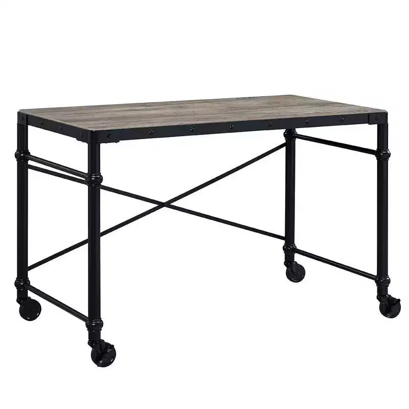 Scrivania industriale da 119 cm, finitura rovere rustico e nero, telaio in metallo, senza vani portaoggetti, 119 cm P x 58 cm L x 76 cm H