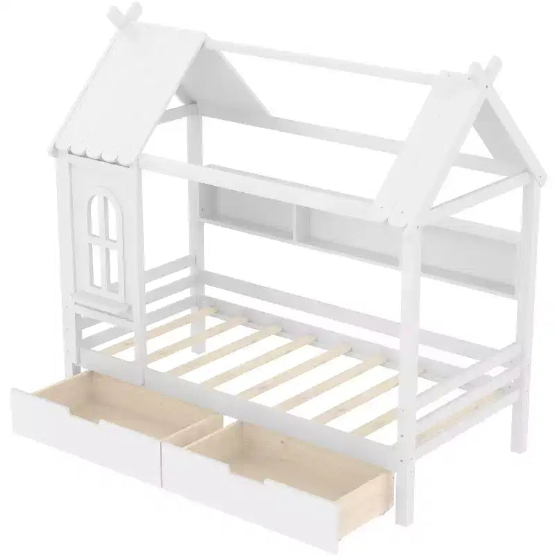 Hausbett mit Stauraumschubladen und Fenster, Massivholzrahmen mit Regalen, kindgerechtes verspieltes Design, hellweiß