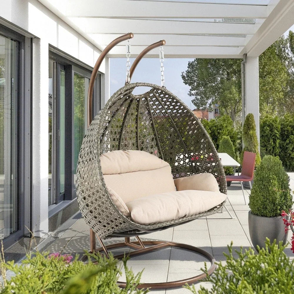 Fauteuil œuf suspendu 2 places LeisureMod avec support - fauteuil hamac balançoire de patio en osier de rotin pour l’extérieur et l’intérieur, avec coussins
