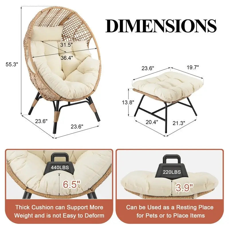 Fauteuil œuf d’intérieur FINCATI, fauteuil œuf d’extérieur supportant 440 lb, fauteuil œuf grand format avec pouf, fauteuil œuf luxueux et confortable avec repose-pieds
