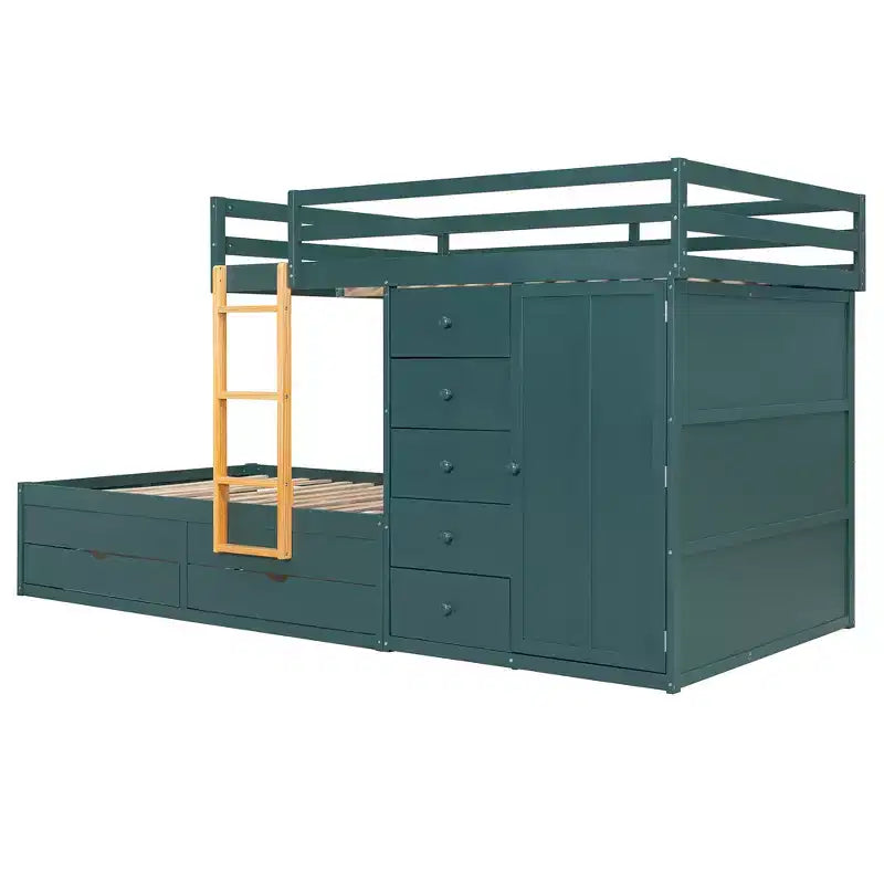 Stapelbed met twee tweepersoonsbedden, opbergkast en laden, houten stapelbed in tweepersoonsformaat met ruimtebesparend ontwerp en veiligheidsreling voor appartement en slaapkamer