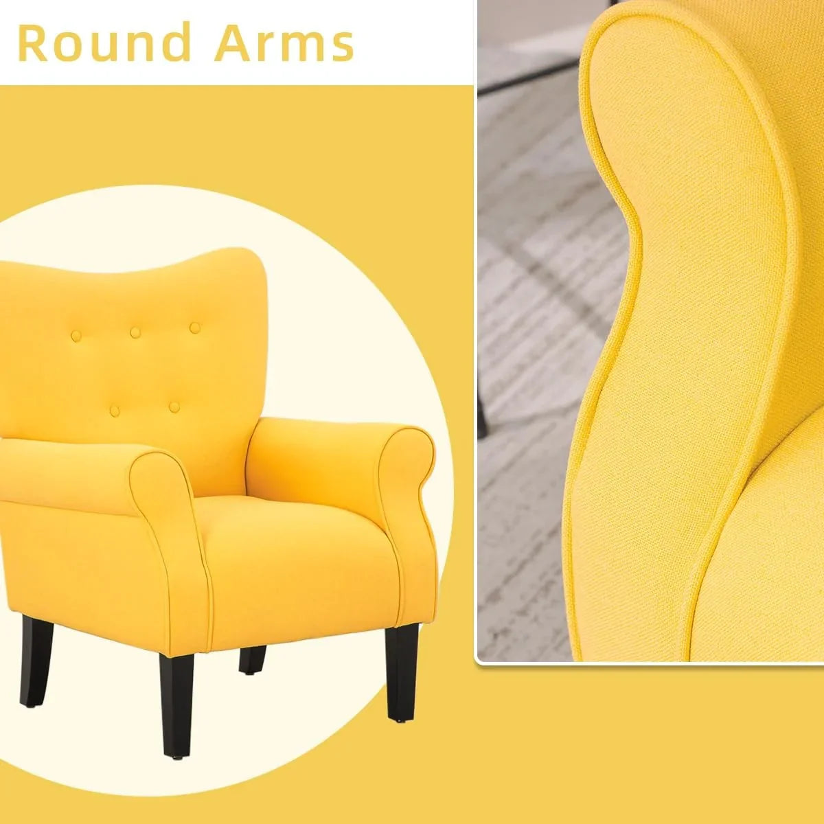 Fauteuil d’appoint moderne Erommy à dossier haut, fauteuil une place en tissu rembourré avec boutons et pieds en bois, pour salon