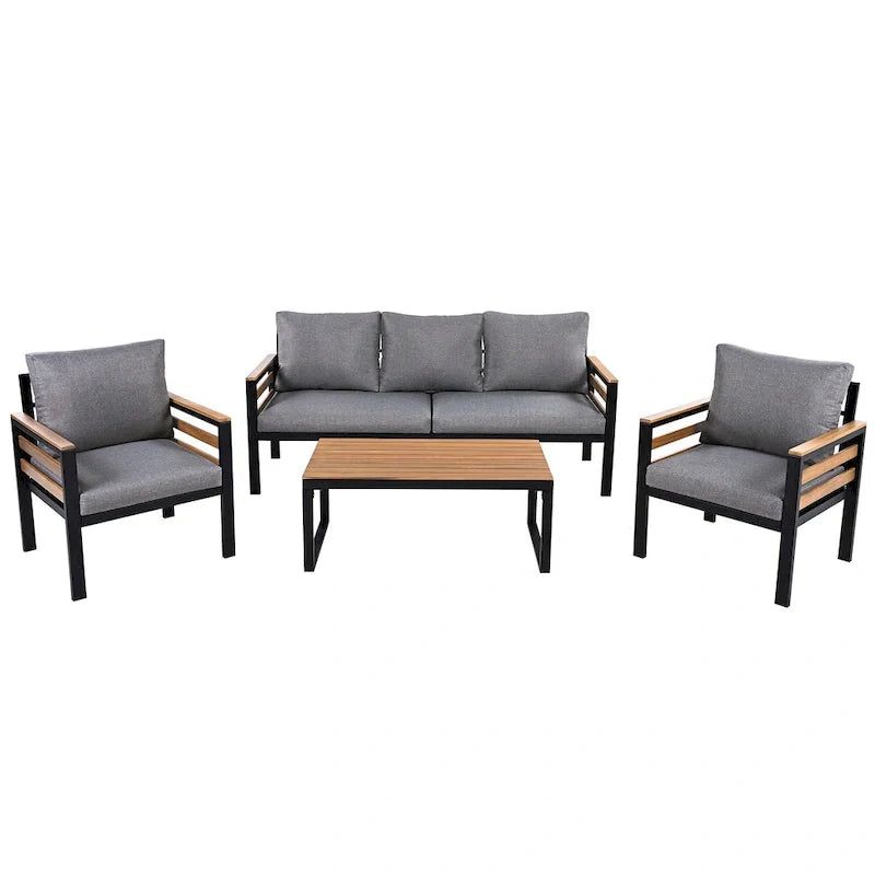4-teiliges Outdoor-Sofaset für 5 Personen mit Couchtisch aus Massivholz und abnehmbaren Kissen