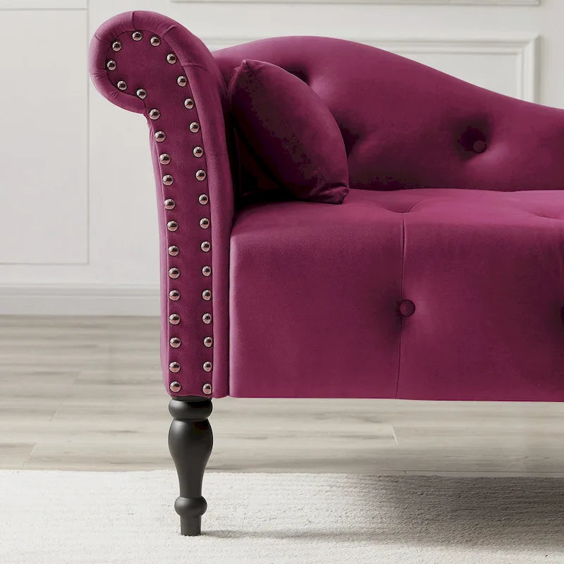 Moderne chaise longue van 60,6, bekleed met fluweel en voorzien van gecapitonneerde knopen, met poten van massief hout en sierspijkers