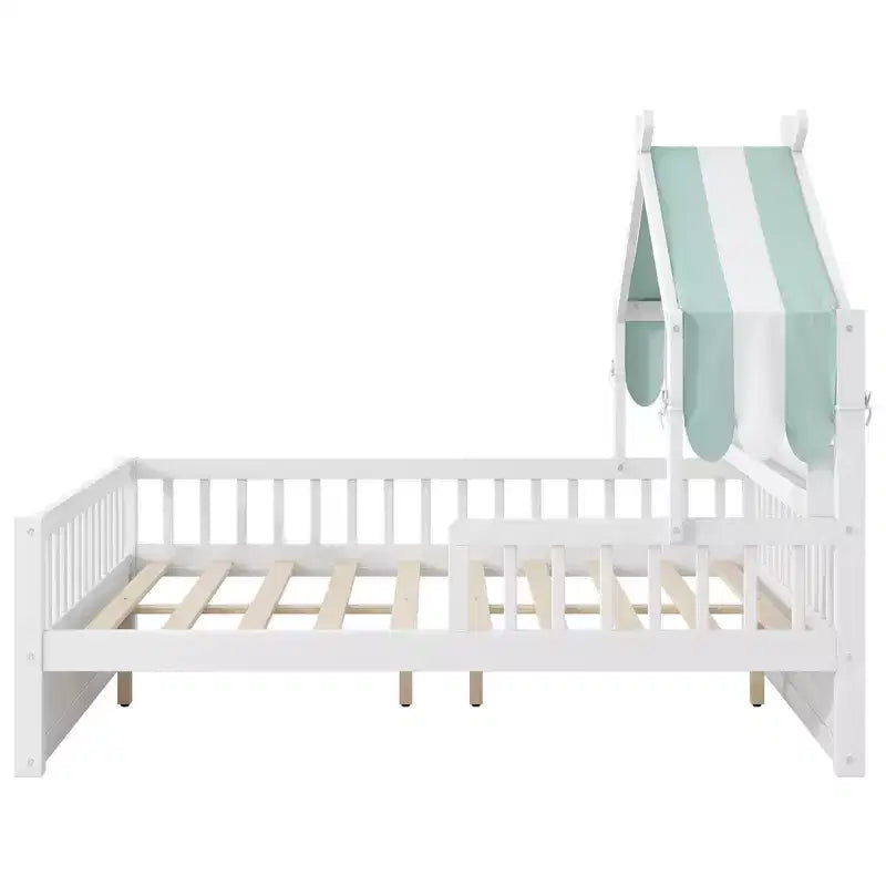Lit cabane en bois ModernLuxe pour lit simple ou double avec tête de lit de rangement, cadre de lit pour enfant en pin massif avec barrières de sécurité