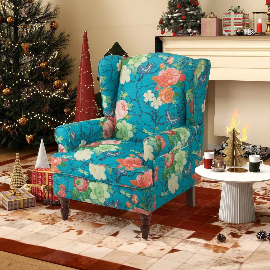 Fauteuil d’appoint moderne Erommy à dossier haut, fauteuil une place en tissu rembourré avec boutons et pieds en bois, pour salon