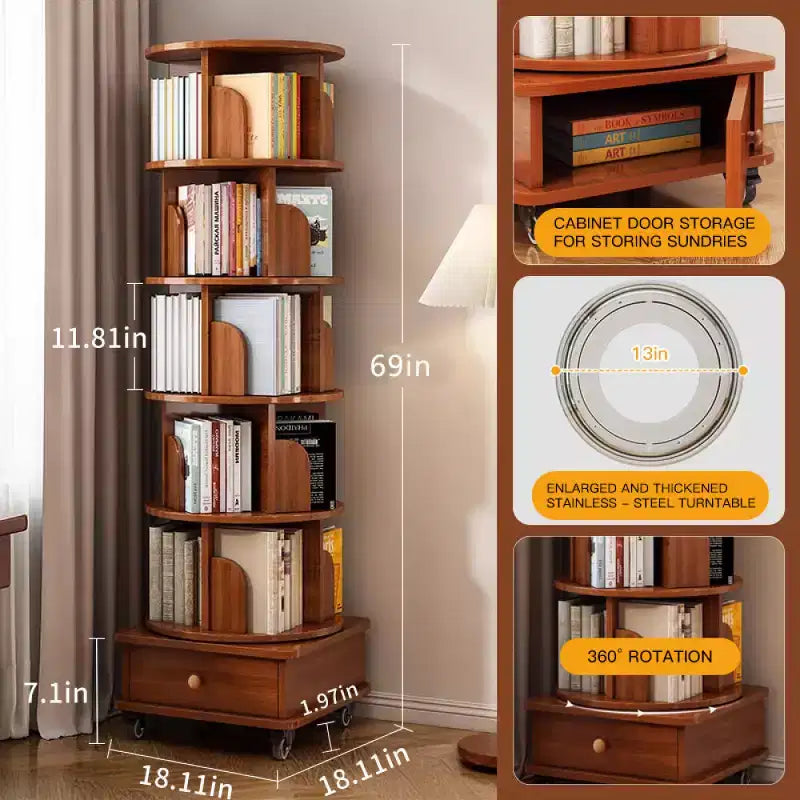 Bibliothèque d’angle rotative à 360° Chic Crate, 6 niveaux, sur roulettes, étroite et adaptée aux petits espaces  brun noyer