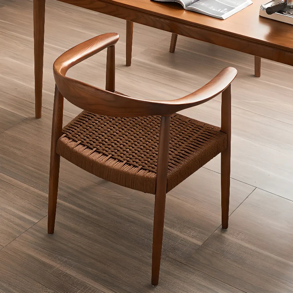 Chaise de salle à manger scandinave en bois courbé, avec assise tressée et accoudoirs