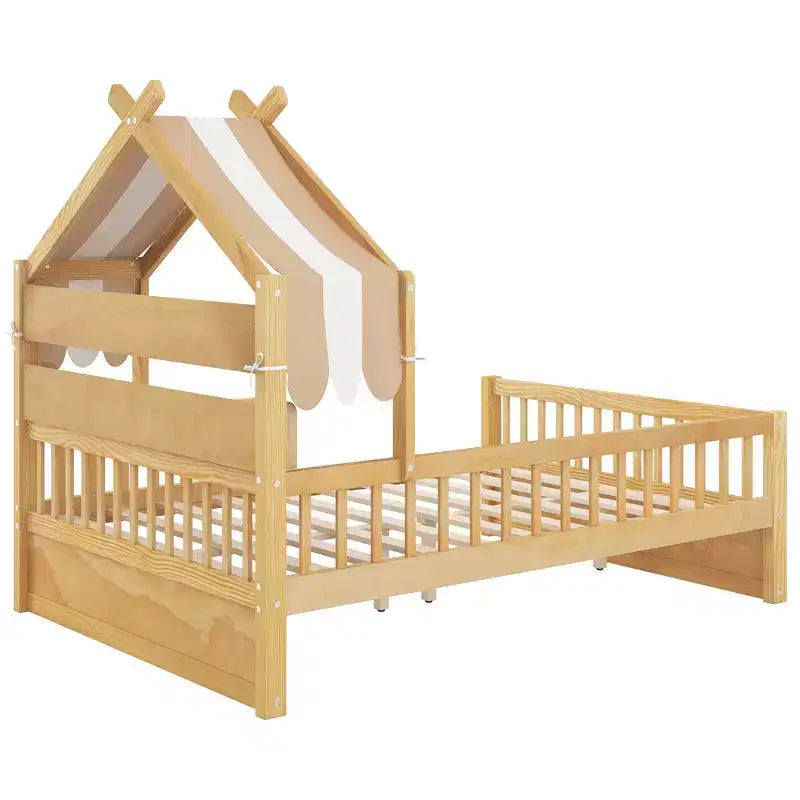 Lit cabane en bois ModernLuxe pour lit simple ou double avec tête de lit de rangement, cadre de lit pour enfant en pin massif avec barrières de sécurité
