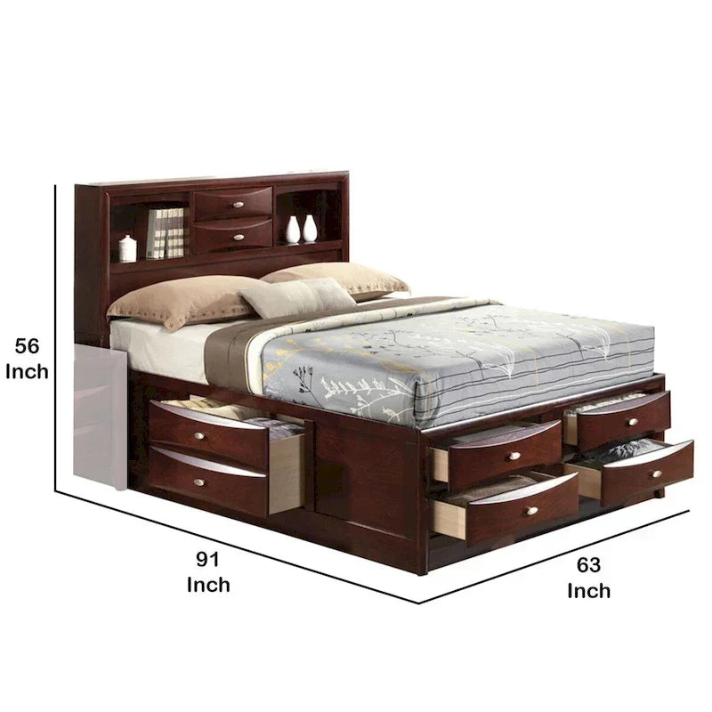 Bett im Paneeldesign, Queen-Size, mit Bücherregal und Schubladen, Braun