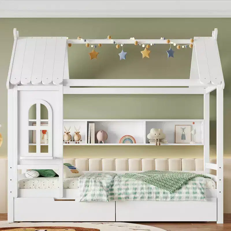 Hausbett mit Stauraumschubladen und Fenster, Massivholzrahmen mit Regalen, kindgerechtes verspieltes Design, hellweiß
