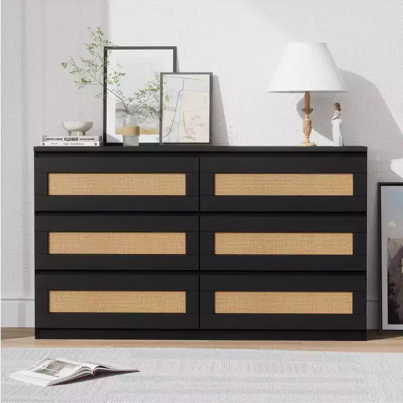 Rotan ladekast voor de slaapkamer met 6 laden, brede moderne ladekast van 47 inch in landelijke stijl, houten opbergkast en organizer voor kledingkast, woonkamer en hal