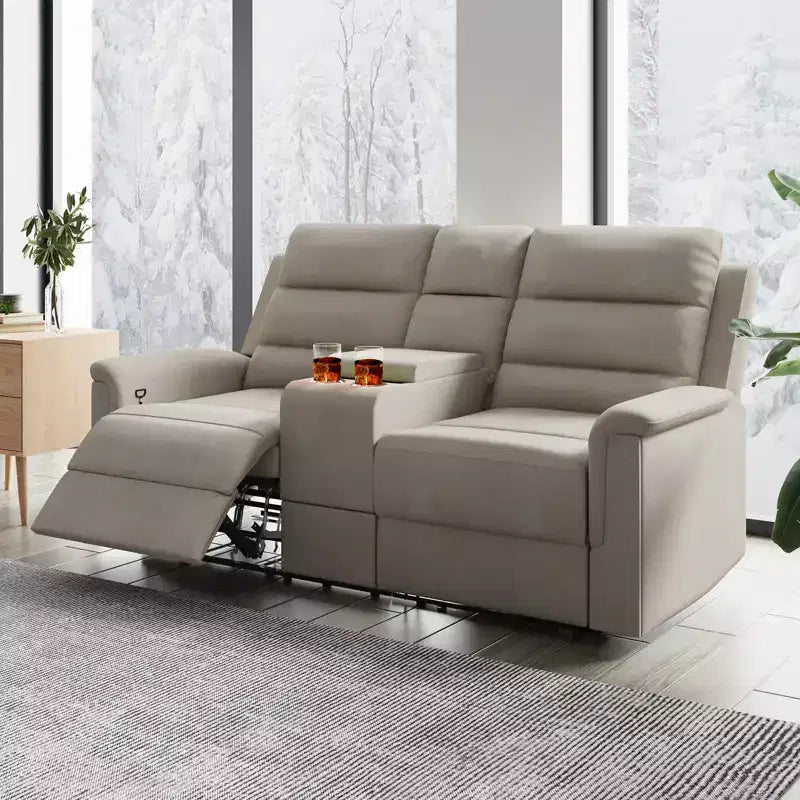 Beiges/graues Zweisitzer-Liegesofa aus Tech-Gewebe mit verstellbarer Rückenlehne und Fußstütze