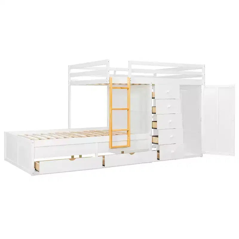 Stapelbed met twee tweepersoonsbedden, opbergkast en laden, houten stapelbed in tweepersoonsformaat met ruimtebesparend ontwerp en veiligheidsreling voor appartement en slaapkamer