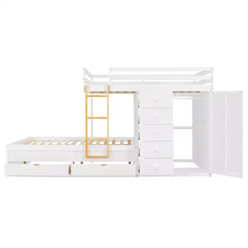 Stapelbed met twee tweepersoonsbedden, opbergkast en laden, houten stapelbed in tweepersoonsformaat met ruimtebesparend ontwerp en veiligheidsreling voor appartement en slaapkamer