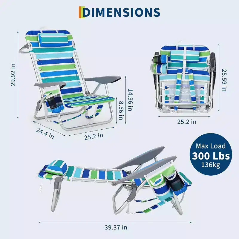 Acekool set van 2 lichtgewicht strandstoelen als rugzak, verstelbaar in 5 standen en plat te leggen, voor volwassenen, met banden, bekerhouder en handdoekstang, draagvermogen 300 lbs