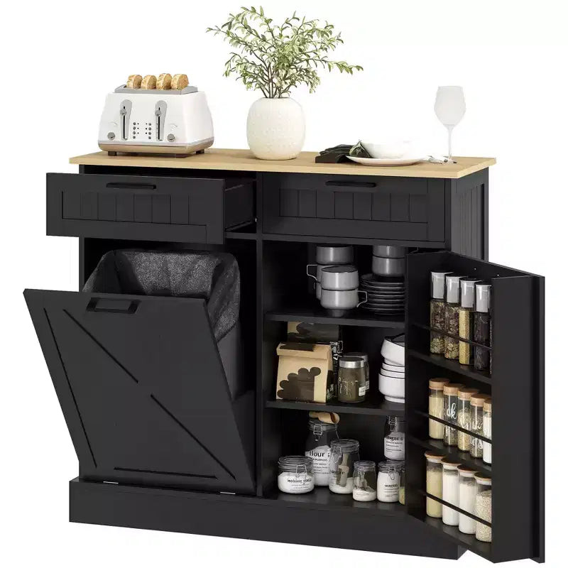 Meuble HOMCOM pour poubelle à ouverture basculante avec tiroirs, meuble de cuisine style campagne avec poubelle dissimulée