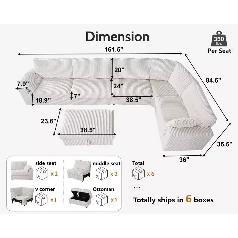 Dyonery modulaire hoekbank van ribfluweel met afneembare, wasbare hoezen