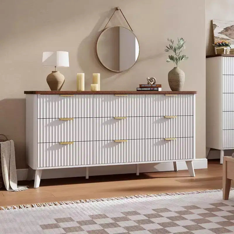 Commode met 9 gecanneleerde laden, moderne ladekast, houten commode-tv-meubel, gebogen ontwerp, voor de woonkamer of hal