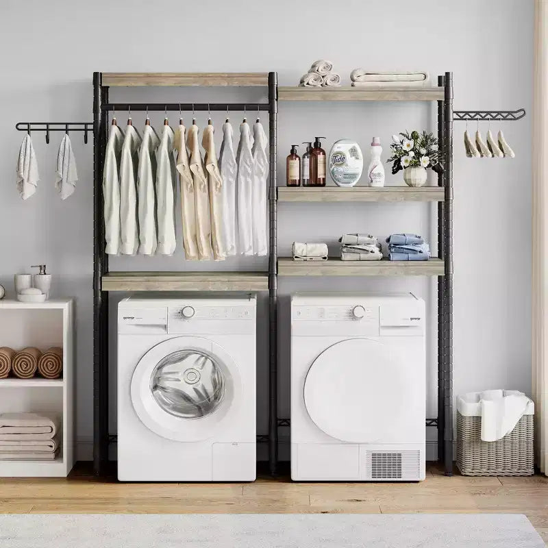 Rek boven de wasmachine, droogrek met 5 niveaus en verstelbare hoogte, badkamerrek, ruimtebesparende opbergruimte voor de badkamer en wasruimte