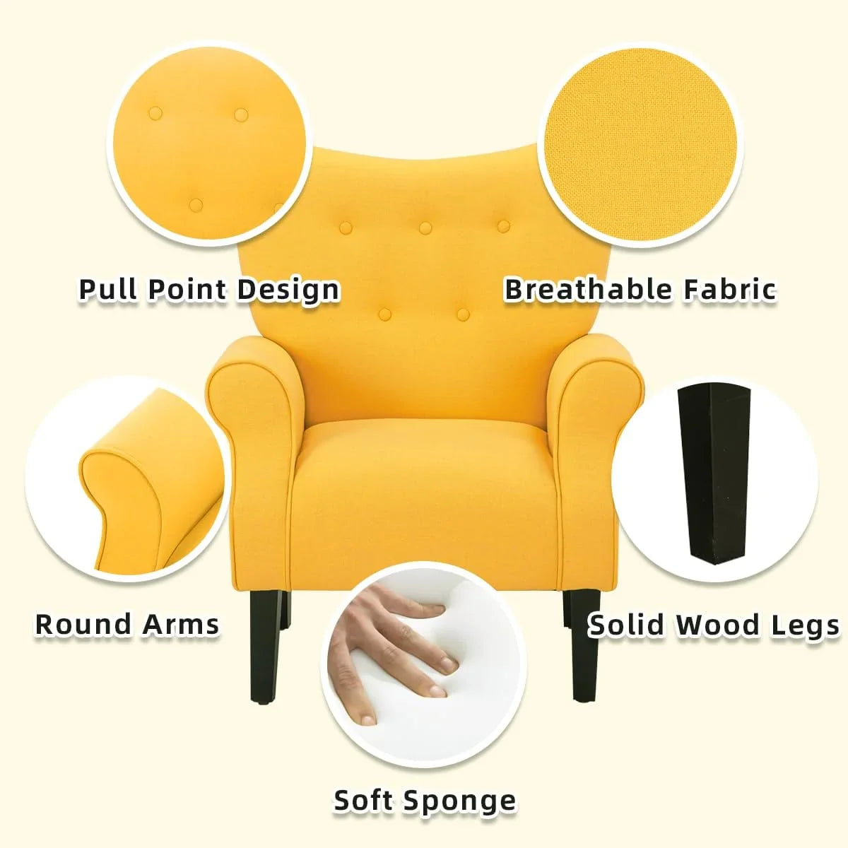 Fauteuil d’appoint moderne Erommy à dossier haut, fauteuil une place en tissu rembourré avec boutons et pieds en bois, pour salon