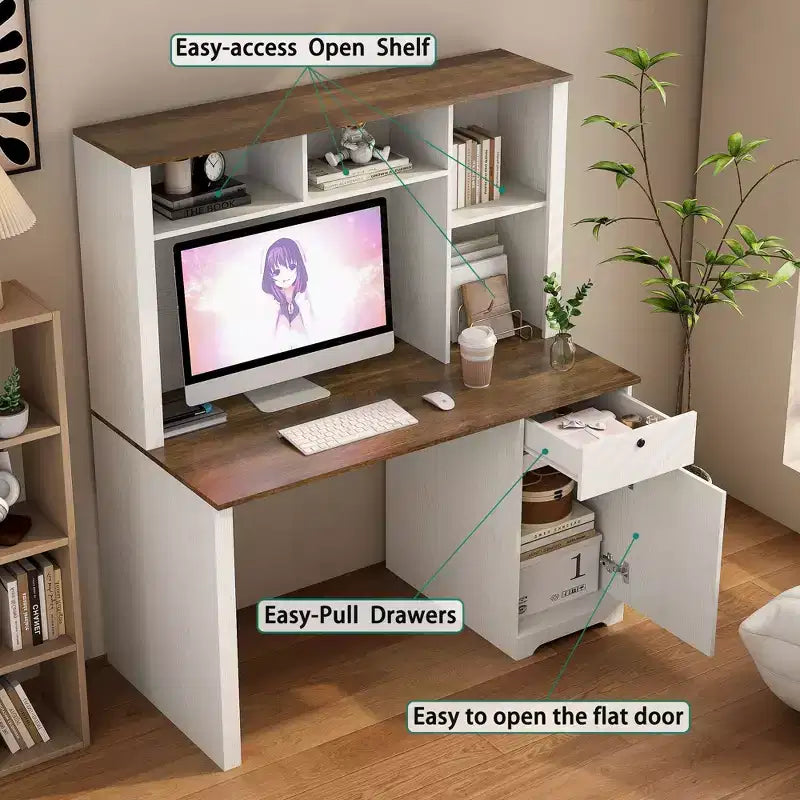 Moderne computerbureau van 51.18IN met opzetkast en boekenplank, bureau met veel opbergruimte, schrijftafel voor studeerkamer en leesruimte