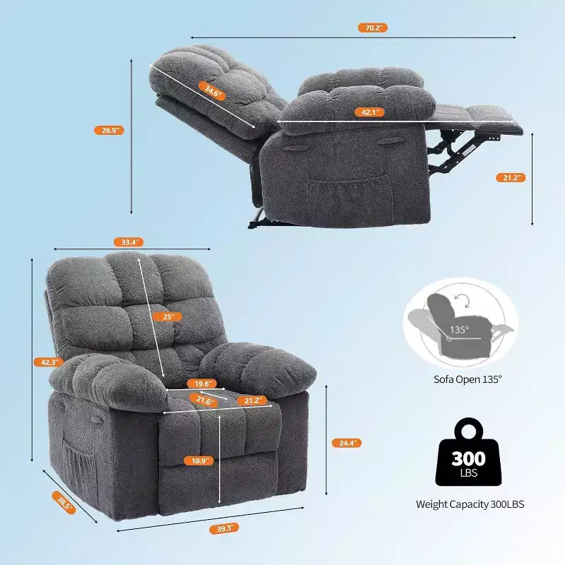 Handmatige relaxfauteuil, ergonomische relaxfauteuil van ademende stof met zijvakken, eenpersoonsbank, geschikt voor de woonkamer en slaapkamer